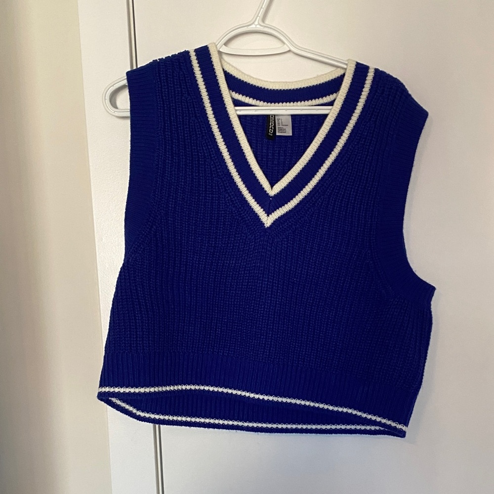 H&M Royal Blue Knit V-Neck Sweater Vest with White Trim